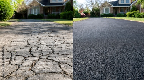 Driveway repair cracked asphalt vs new smooth surface with house background