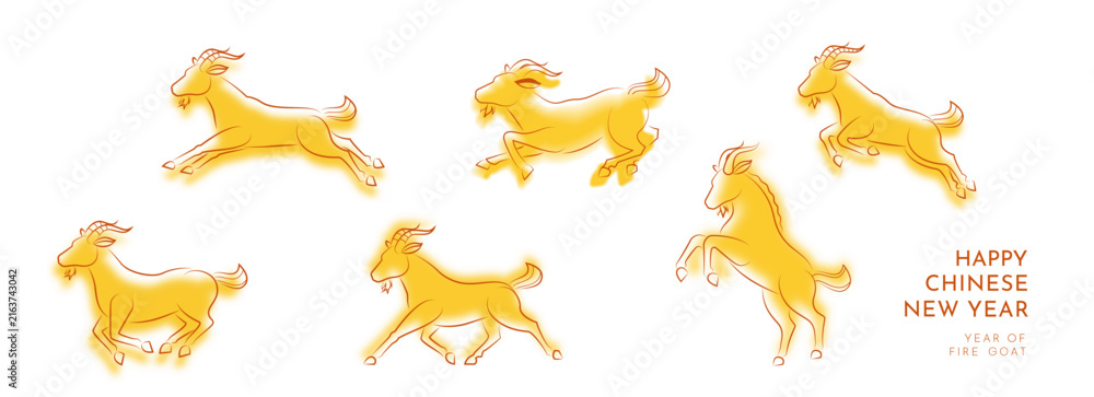 Fototapeta premium Chinese New Year 2027 Year of the Goat Greeting Design Featuring Multiple Golden Goat Zodiac Animals in Dynamic Traditional Chinese Illustration Style. Editable Vector Illustration 