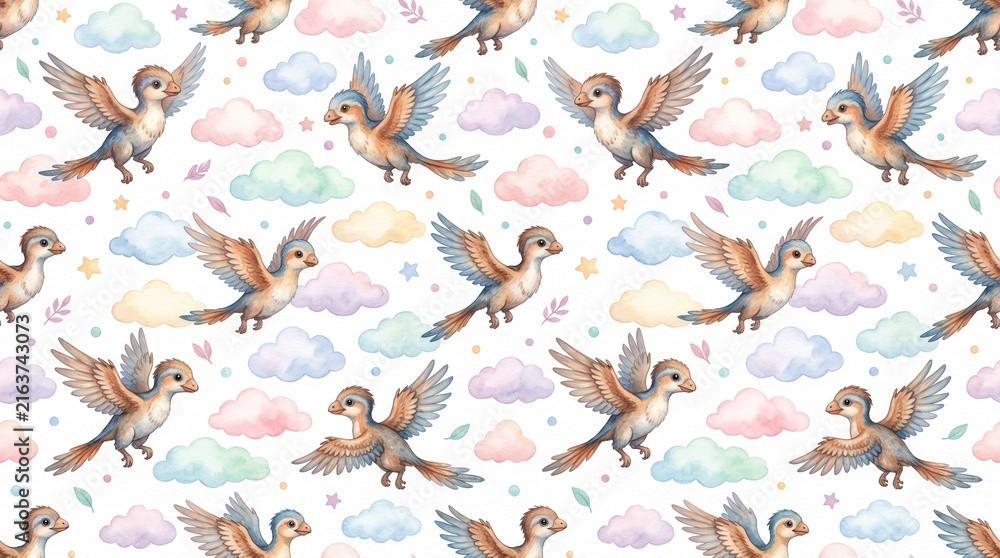 Fototapeta premium Cute Watercolor Baby Archaeopteryx Flying in Pastel Sky Pattern