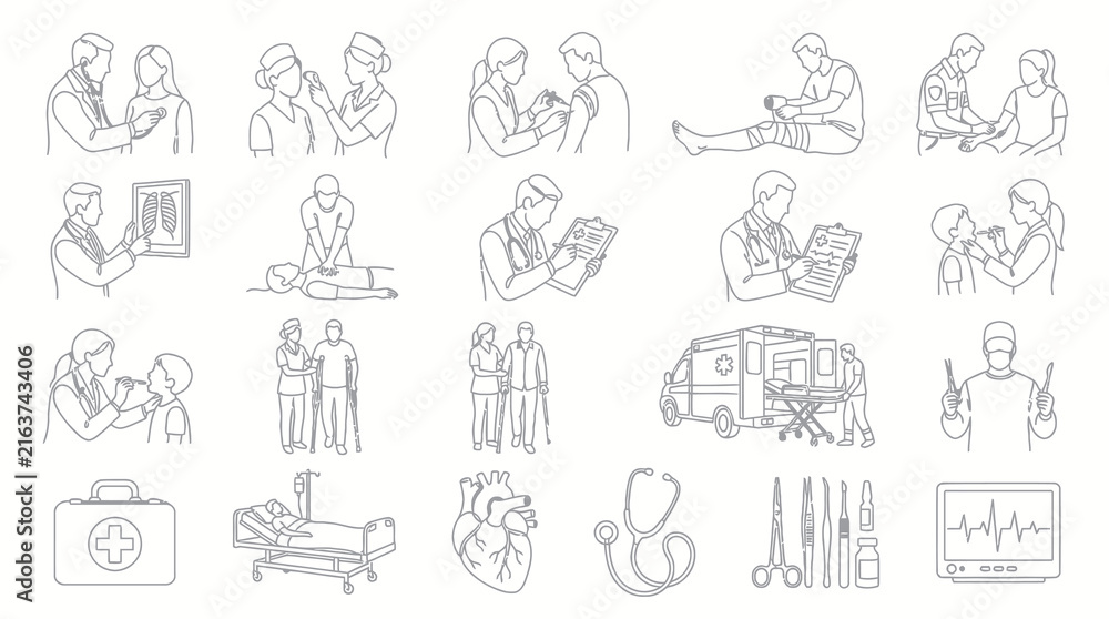Fototapeta premium Medical Healthcare Black and White Line Art Icons Set: Doctor, Patient, Hospital Equipment Illustrations