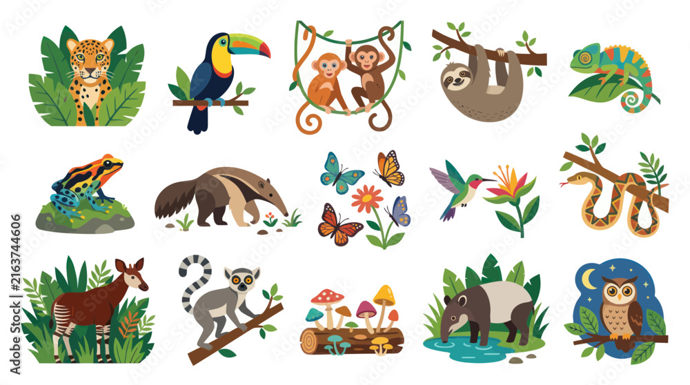 Naklejka premium Flat Style Cartoon Rainforest Animals Collection - Jaguar, Toucan, Sloth, Monkey, Snake
