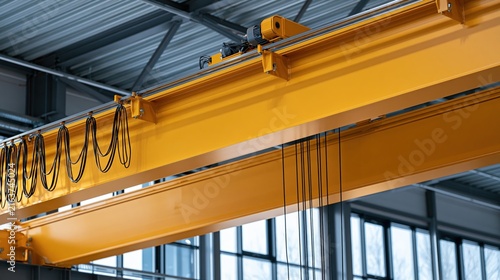 Overhead industrial crane structure inside a modern manufacturing facility.