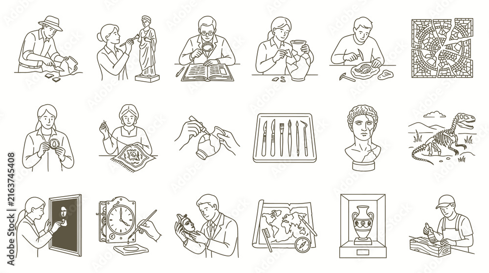 Fototapeta premium Archaeology and Art Restoration Black and White Line Art Icons Set: Museum Artifacts, Historical Research Conservation Tools