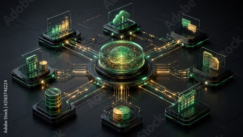 Futuristic AI agent network connecting finance, analytics, communication, cloud and business automation tools in an intelligent digital workflow.