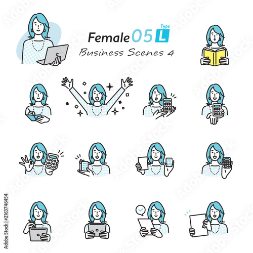 シンプル　イラスト　電卓やデジタル端末を使うビジネスビジネスパーソンのポーズセット ベクターイラスト