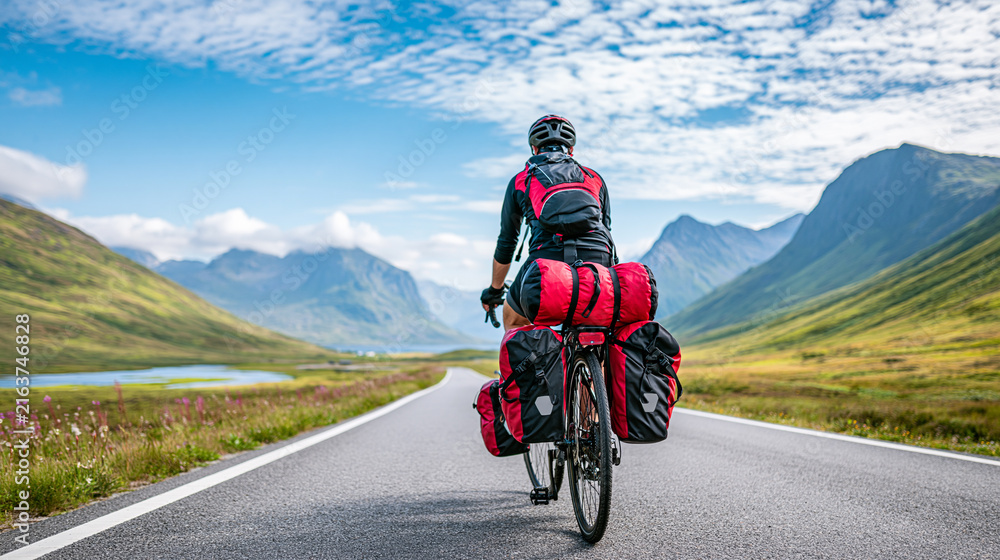 Fototapeta premium A cyclist rides on an open road through a mountainous landscape, carrying multiple red panniers under a blue sky with scattered clouds.