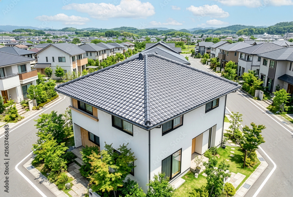 Fototapeta premium 寄棟屋根が特徴的な現代的な戸建て住宅と緑豊かな新興住宅街の街並み
