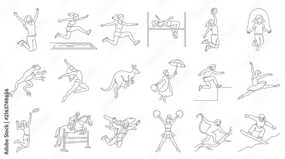 Obraz premium Sports and Activities Line Art: People Jumping, Dancing, and Playing