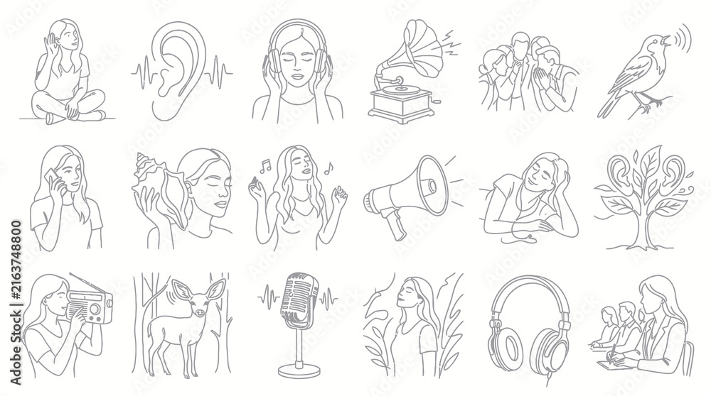 Fototapeta premium Black White Line Art Icons of Sound and Hearing Concepts