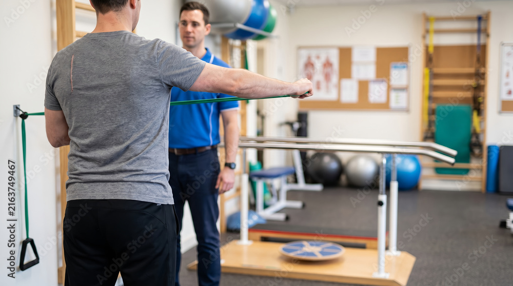 Fototapeta premium Male patient pulling green resistance band, displaying surgical scar on back, performing rehabilitation exercise, modern physiotherapy clinic, sports medicine photography