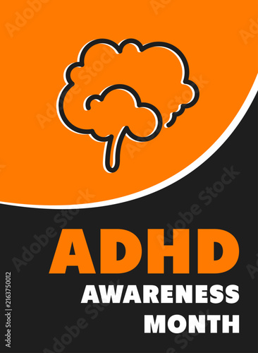 ADHD awareness month banner template vector illustration with stylized brain symbol on orange and black background.