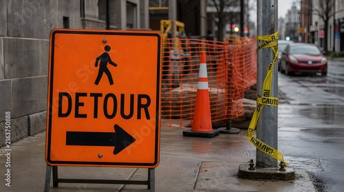 Orange pedestrian detour sign with walking person icon and right arrow on sidewalk.