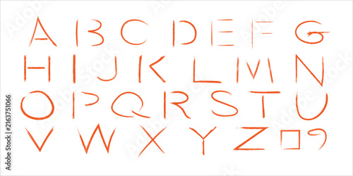 Hand drawn orange alphabet letters set with a rough brush stroke texture on a white background