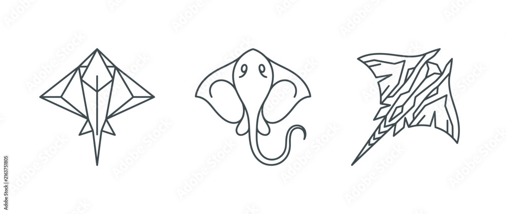 Naklejka premium Origami cranes elephant and fish line art illustrations on white background