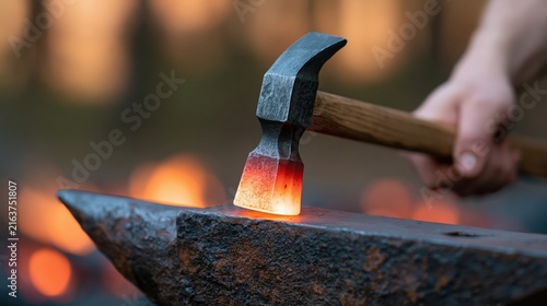 Blacksmith shaping glowing hot metal hammer on a heavy steel anvil at dusk blacksmith forging glowing hot hammer on anvil with fiery furnace background