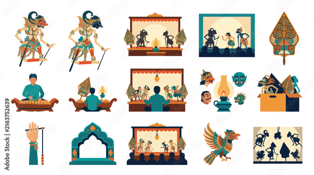 Fototapeta premium Flat Vector Illustration Set of Traditional Indonesian Wayang Kulit Shadow Puppets, Dalang, Gamelan, and Culture Icons
