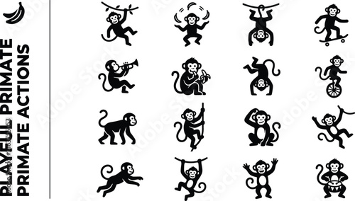 Photography Playful monkey character action icon set featuring black solid vector silhouett
