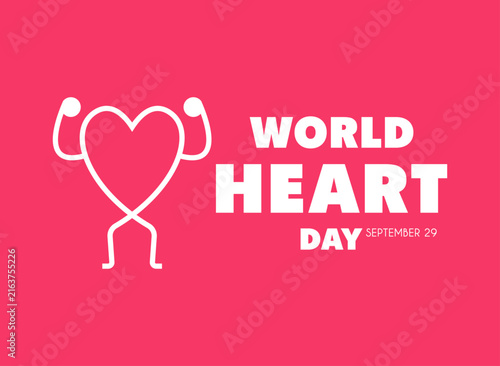 World Heart Day banner illustration with a strong heart line art character on pink background, September 29 health awareness campaign design template.