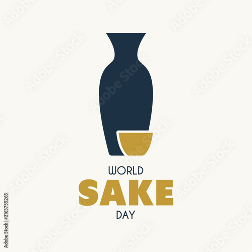 World Sake Day illustration with Japanese sake bottle and ochoko cup on neutral background.
