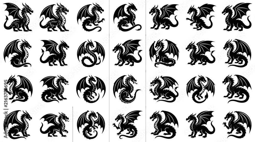 Obraz premium Black White Dragon Silhouettes Vector Art - Fantasy Creature Collection