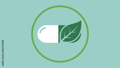 Herbal medicine icon showing a pill capsule combined with green leaves inside a circular frame for natural healthcare.