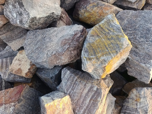 Detailed close-up of a foliated metamorphic rock showing folded mineral bands, layered geological patterns, rough stone texture, and natural gray, brown, and gold tones.