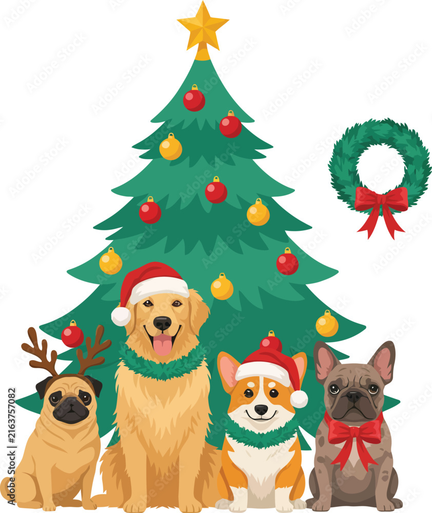 Fototapeta premium Cute Christmas dog breeds vector illustration featuring Golden Retriever Corgi Pug and French Bulldog sitting under a decorated holiday pine tree with star topper.