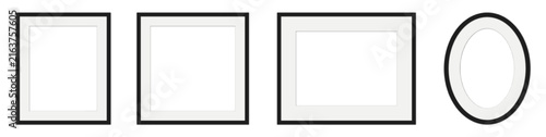 Minimalist black modern picture frames mockup featuring rectangular and oval shapes for gallery wall art display layouts with photography professional interior