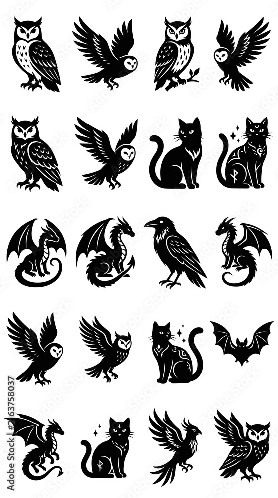 Obraz premium Fantasy and Mythological Creatures Glyph Vector Icon Set: Owls, Black Cats, Dragons, Ravens, Bats
