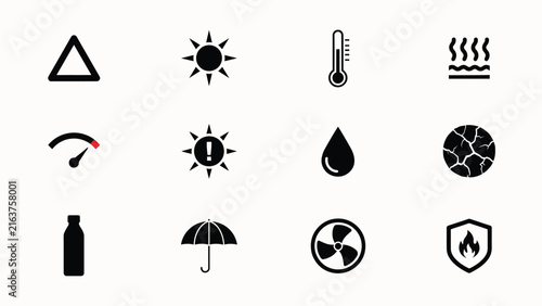 Modern minimalist icons set representing environmental safety with black white icons arranged grid
