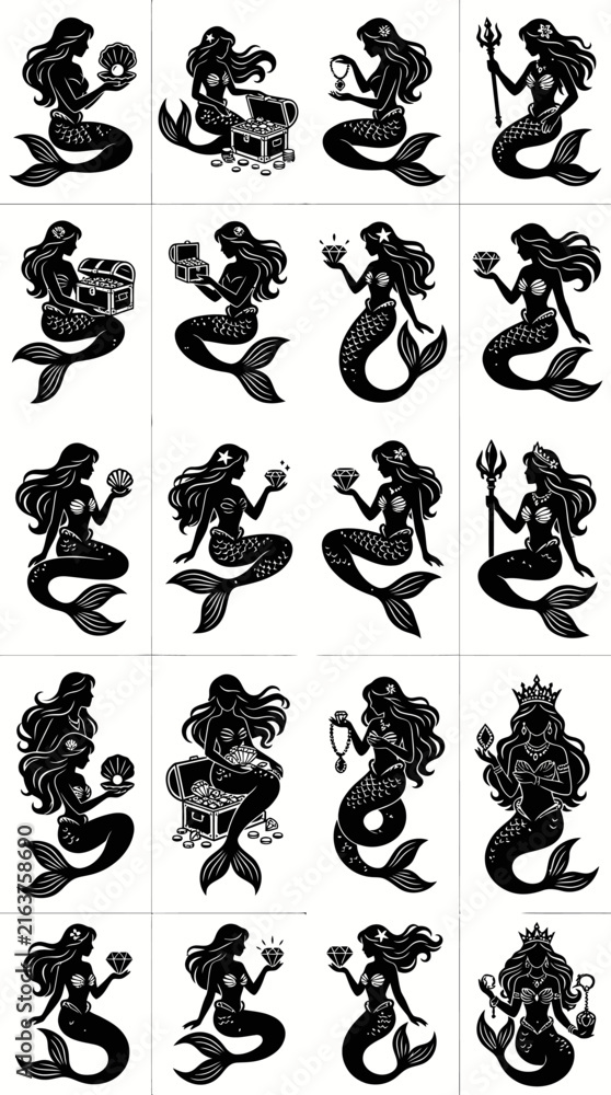 Fototapeta premium Black and White Mermaid Silhouettes with Shells and Treasure Chests, Vector Art
