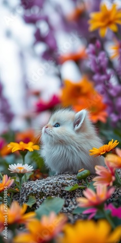 Furry ball of fluff surveys surroundings amidst vibrant blooms, adorable., garden