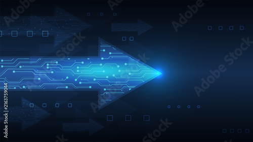 Futuristic glowing blue technology arrows with detailed circuit board patterns and data symbols pointing forward on dark digital background vector illustration
