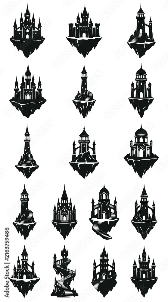 Naklejka premium Fantasy Castles and Towers Silhouette Glyph Vector Icons. Mystical Floating Architecture Set.