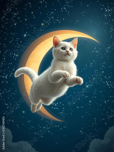 Whimsical white cat leaps through starry sky with crescent moon, fantasy, astrophotography