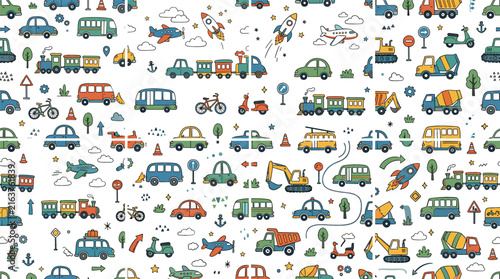 Cute transport and construction vehicle seamless pattern vector background with cartoon cars, trucks, trains, airplanes, and rockets for kids nursery textile design.