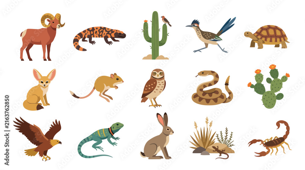 Fototapeta premium Desert Animals and Plants Flat Vector Illustration - Wildlife Icon Set