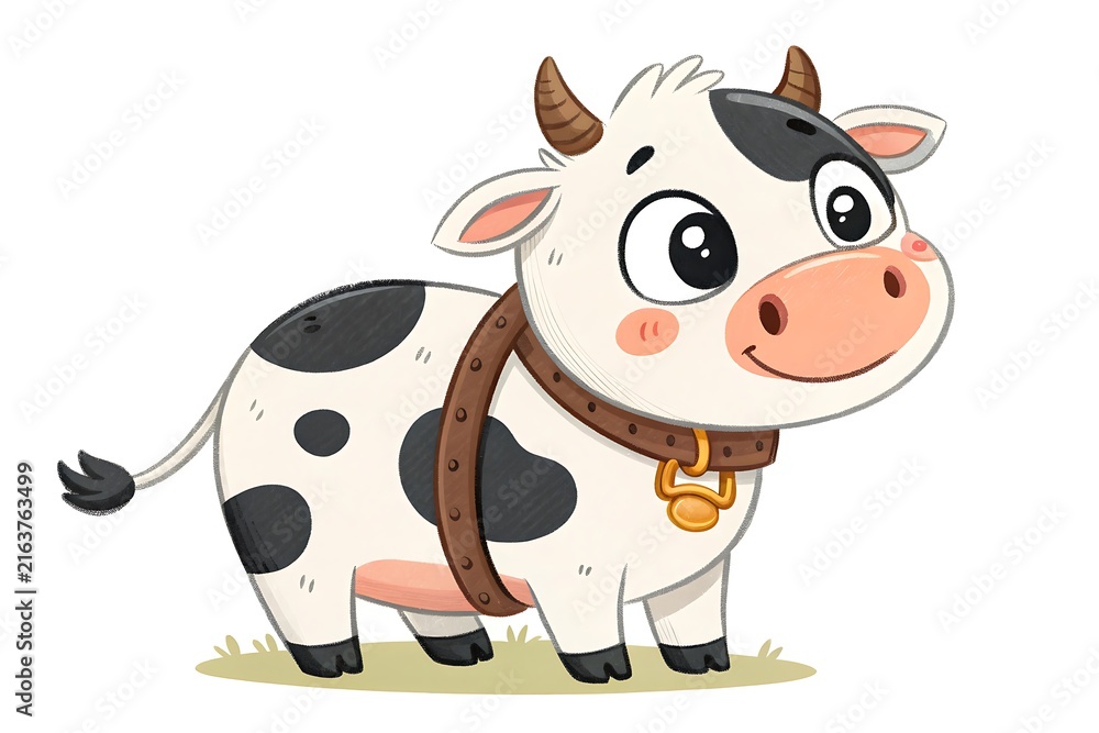 Fototapeta premium Cartoon cow wearing a brown harness and bell