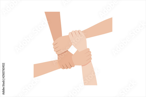 Four hands holding each other's wrists in a loop. Vector illustration for teamwork, unity, partnership, and mutual support concept.