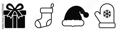 Black and white line art icons of christmas gifts stocking hat and mitten