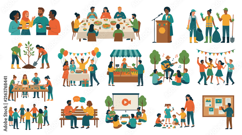 Fototapeta premium Flat Vector Illustrations: Diverse People in Community Engagement, Volunteering, Social Events Learning