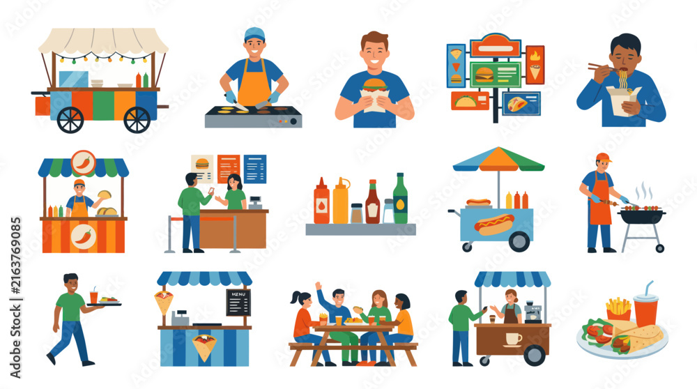 Naklejka premium Flat Vector Food Carts and People Eating at Street Food Stalls
