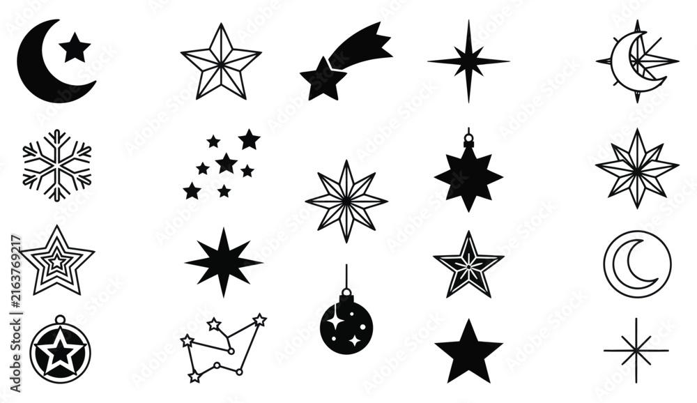 Fototapeta premium Collection of celestial elements including stars moons snowflakes and comets in black ink