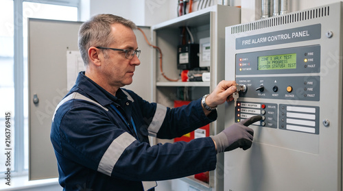 Technician in uniform testing a fire alarm control panel system in a building.