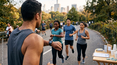 Runner checking smartwatch in urban park