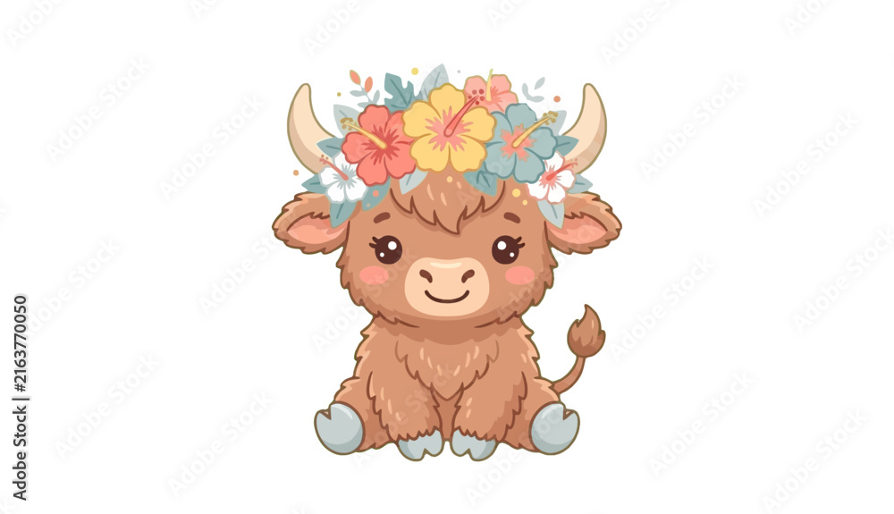 Fototapeta premium Cute Highland Cow with Floral Wreath Isolated