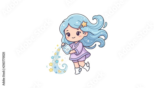 Cute girl pouring stars from jar, kawaii style