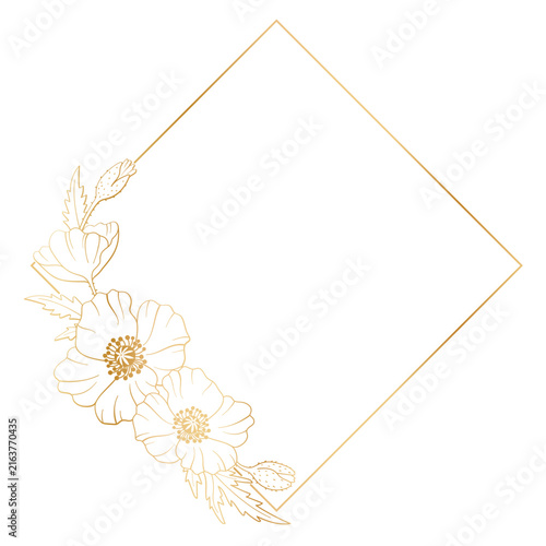 Golden rhombus frame with poppies. Vector illustration in a botanical style on a white background. Hand-drawn vector illustration for your design.