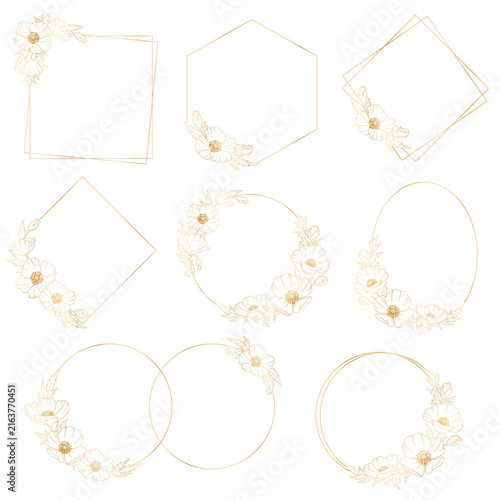 Set of 8 golden frames with poppies in a botanical style. Hand-drawn vector illustrations for your design on a white background.