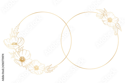 Gold frame with poppies shaped like wedding rings. Vector illustration in a botanical style on a white background. Hand-drawn vector illustration for your design.